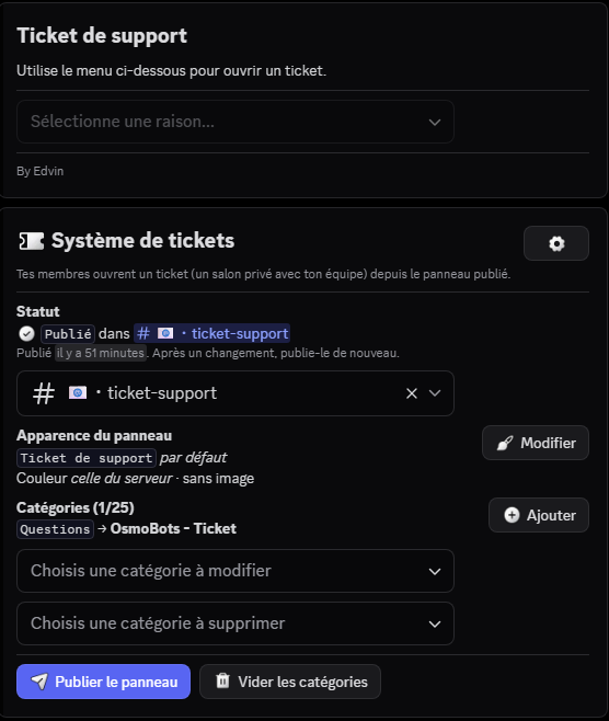 Le panneau public «&nbsp;Ticket de support&nbsp;» et le panneau de réglage des tickets